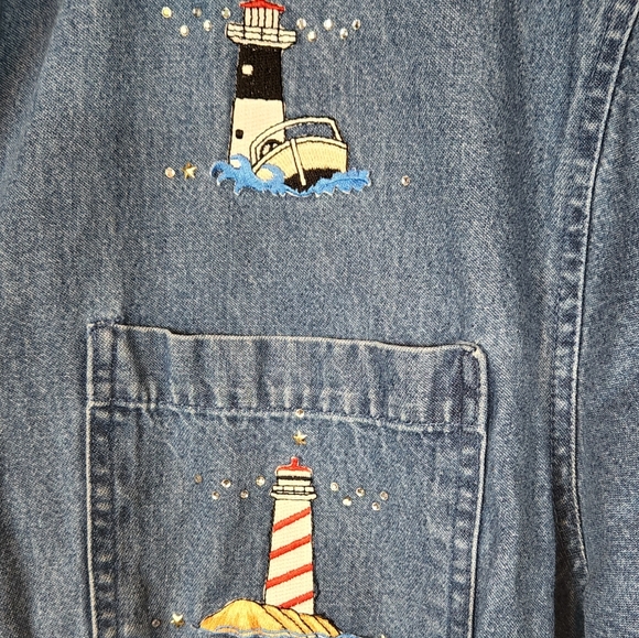 Denim Button Down Shirt with Lighthouses - Picture 3 of 10